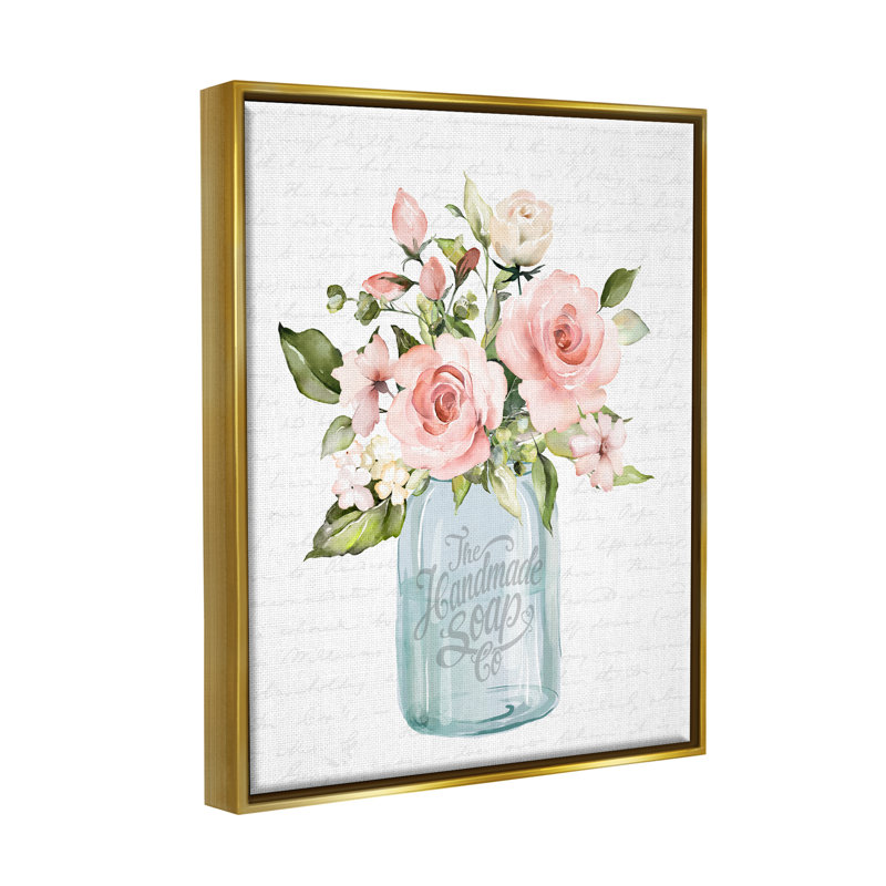 «Pink Rose Blooms Country Vase» à motifs par lettrage et doublure, L 17 po x H 21 po, Cadre flottant métallique doré