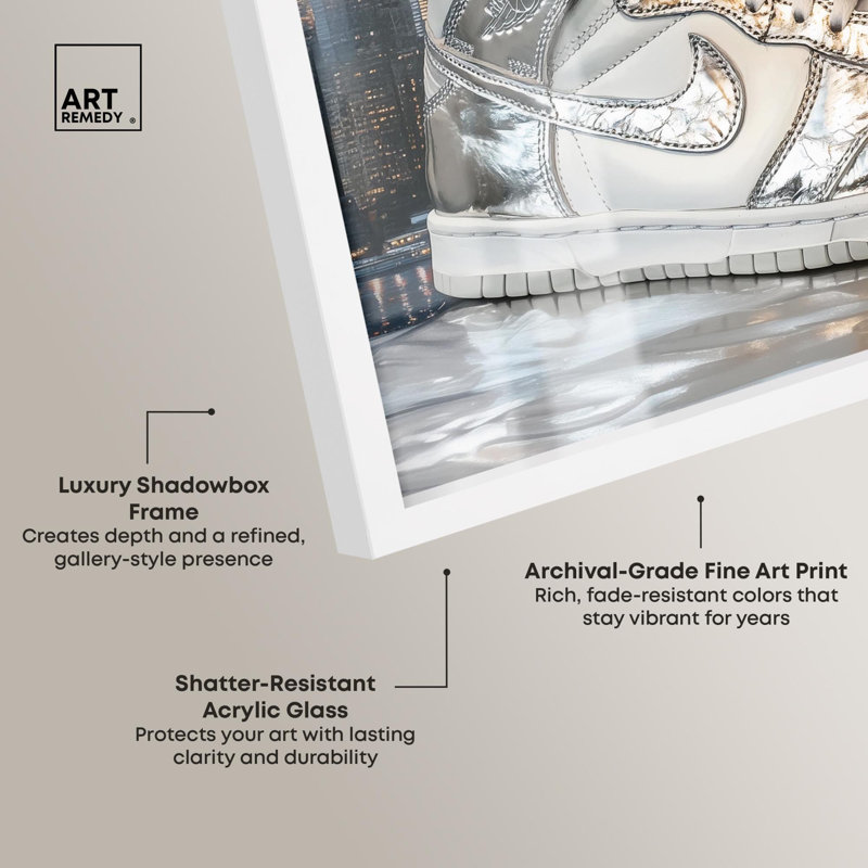 «NYC Metallic Sneaker Shadowbox Print Sneaker» par Art Remedy, H 13 po x l 13 po, Blanc