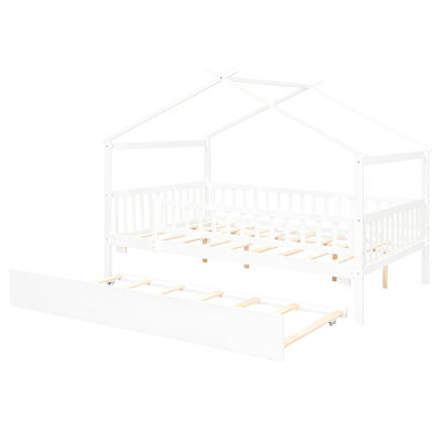 Full Size Wooden House Bed with Twin Size Trundle