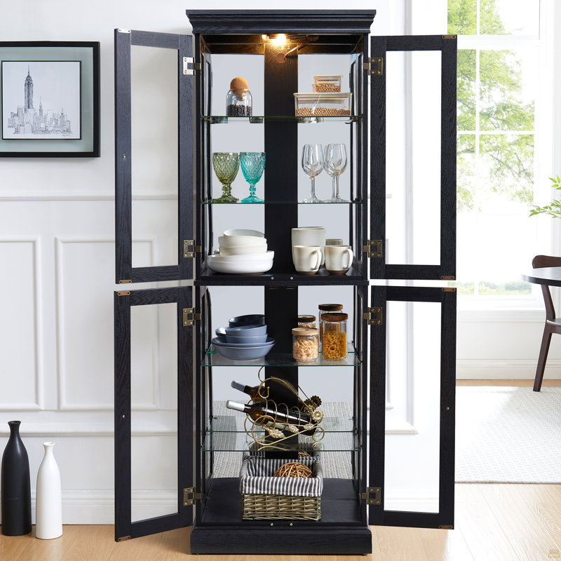 Élégante vitrine vitrée lumineuse avec rangement en bois et ampoule