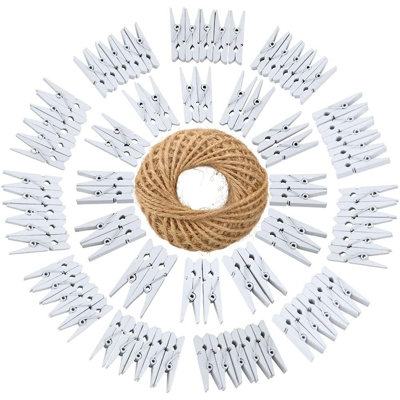 100 mini pinces à linge en bois blanc avec ficelle en jute de 98 pi - pinces à photo de 1,4 po pour artisanat et décorations