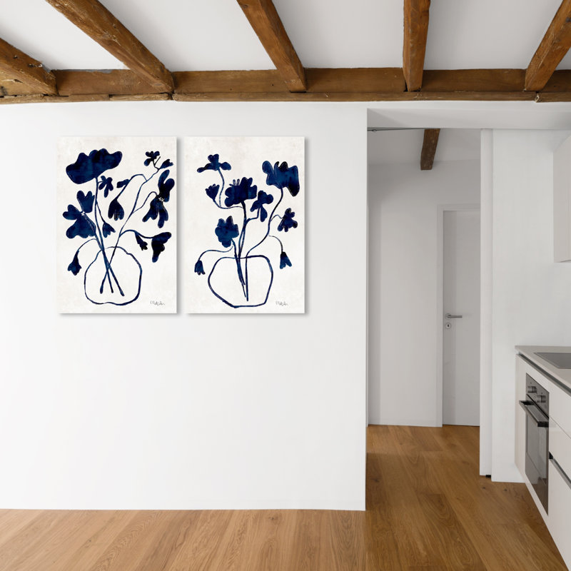 Ensemble de vases anémones, bouquet de fleurs abstrait bleu moderne - 2 pièces sur toile tendue, H 36 po x l 24 po x P 1,5 po