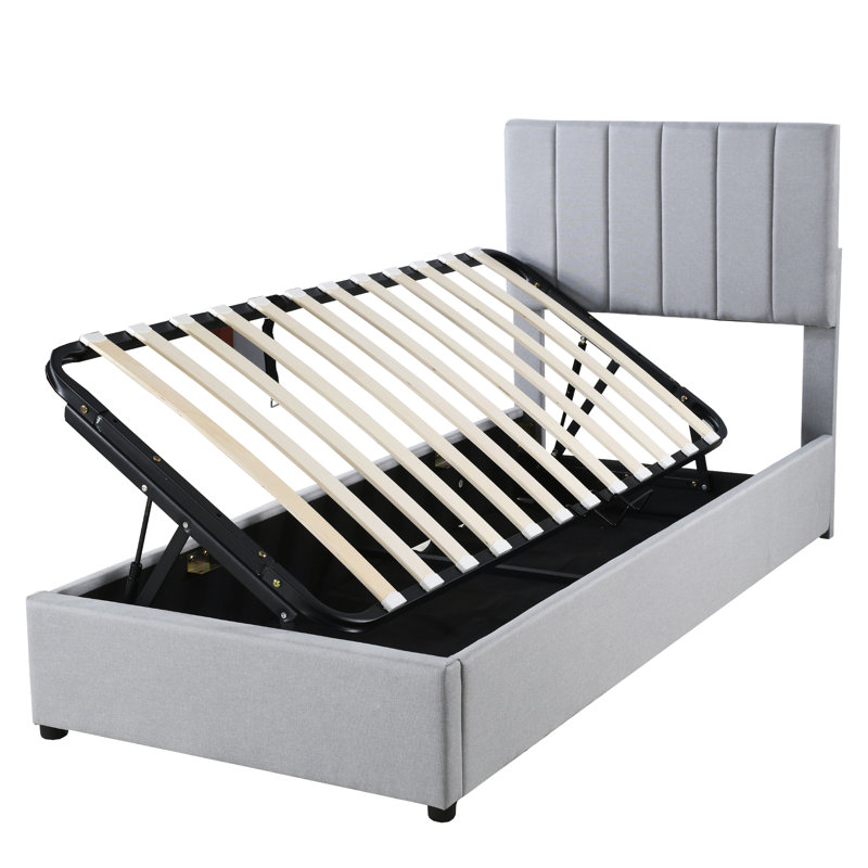Lit plateforme tapissier simple avec rangement hydraulique élégant, rangement gris pour une utilisation maximale de l'espace