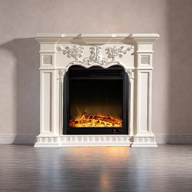 Foyer à flamme magnifiquement sculpté, H 42,51 po x l 47,24 po x P 12,59 po, Blanc argenté