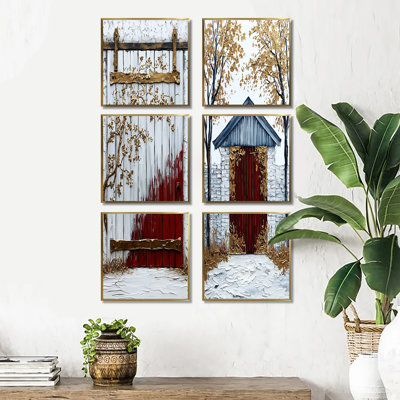 Beauté de porte de grange blanche accentuée de rouge - ensemble de 6 impressions sur toile de porte de grange