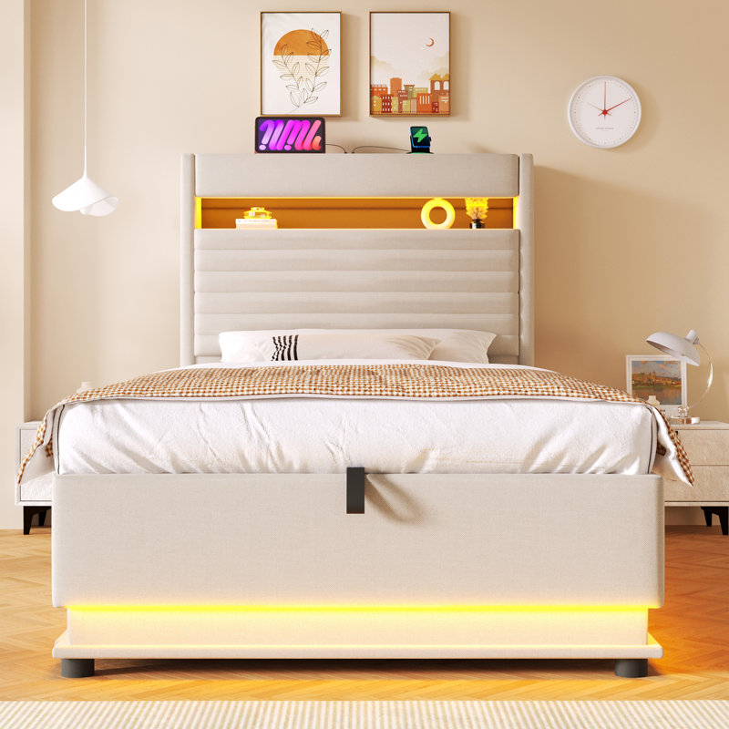 Lift Up Storage Bed Frame, 90x200 cm, Beige