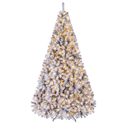 Sapin de Noël à charnières pré-illuminé, recouvert de neige floquée, de 1,37 m à 2,79 m, avec lumières LED.