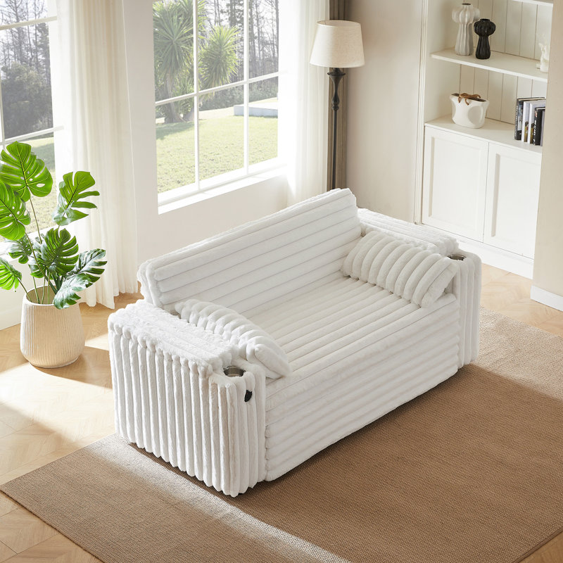 NOUVEAU Canapé-lit à causeuse blanc avec accoudoirs de rangement, port USB