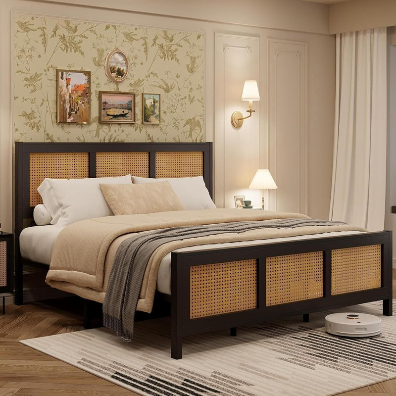 Base de lit, tête et pied de lit en rotin double Boho, lattes en métal, capacité de 800 lb, sans sommier, Lit double, Noir
