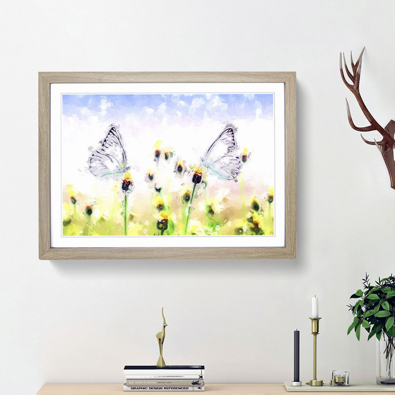Two Butterflies upon Yellow Flowers in Abstract - Picture Frame Painting Print, Oak Framed, 48cm H x 65cm W x 2cm D