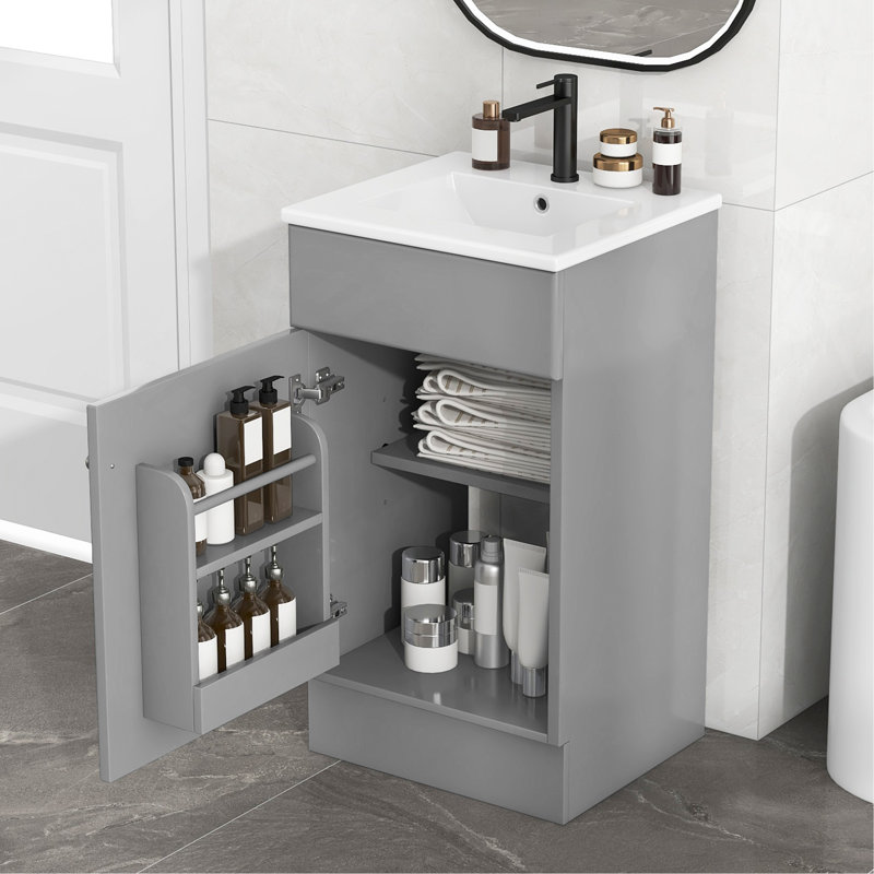 [Vidéo] Meuble-lavabo 18 po avec lavabo, meuble-lavabo avec tablette de porte et tablette réglable, gris, Gris