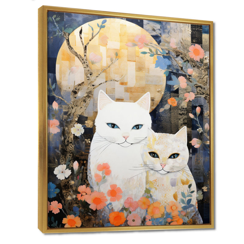 Adorable art mural «Chats blancs» à la pleine lune, Toile avec cadre doré, H 32 po x l 24 po x P 1 po
