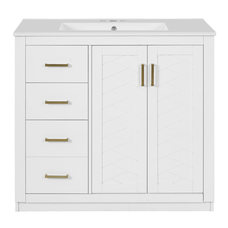 36" bathroom vanity with ceramic sink, White, Gold