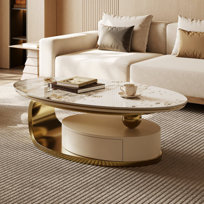Labana 51" Modern Oval Coffee Table, Sintered Stone Top, Gold legs, drawer