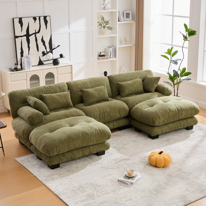 Canapé olive en forme de U avec 2 repose-pieds, 5 places modernes pour le salon, velours granulé doux et doux pour la peau, pieds en plastique stables en forme de velours en nuage pour un look confortable