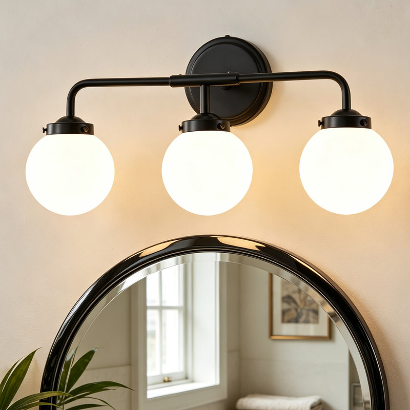 Luminaire de salle de bain à 3 lumières à intensité variable avec abat-jour en verre blanc soufflé à la main, Matte Black
