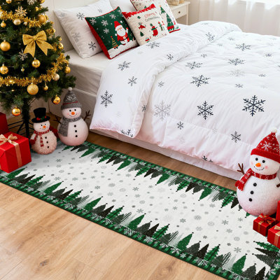Tapis de Noël flocon de neige et arbre, lavable à la machine, antidérapant, à poils courts