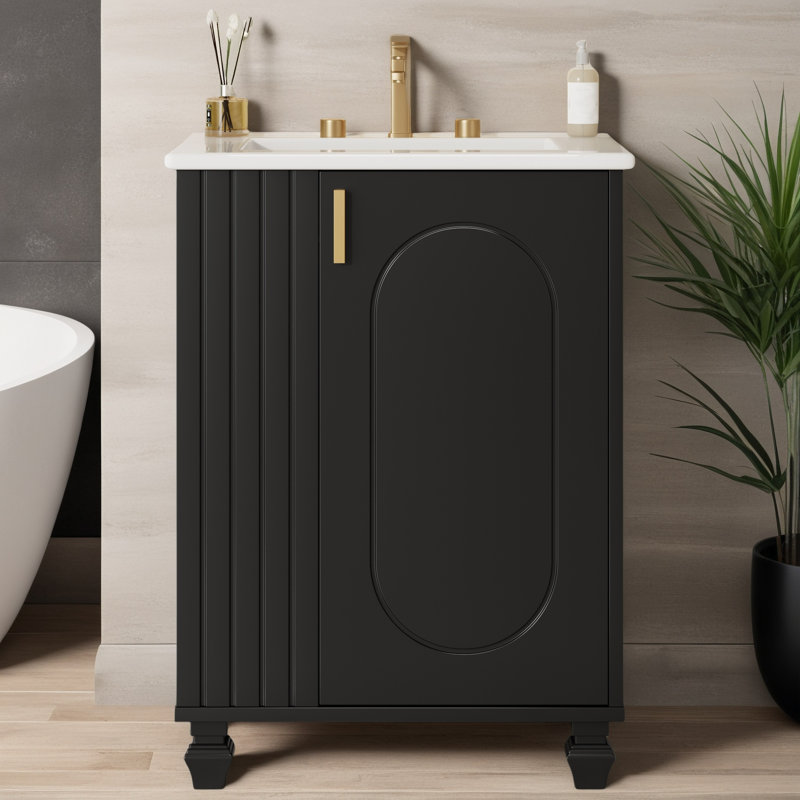 Ensemble de meuble-lavabo simple 24 po avec plateau en céramique 24 po, Noir, noir, noir, noir