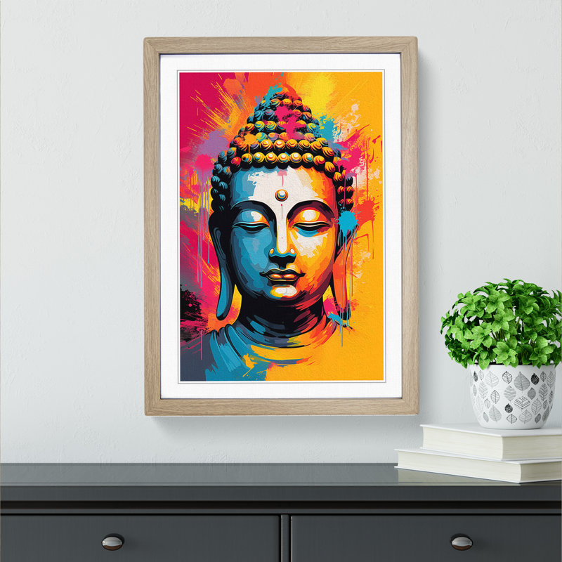 Buddha Pop No.3 - Single Picture Frame Print on Wood, Oak Framed, 64cm H x 46cm W x 2cm D