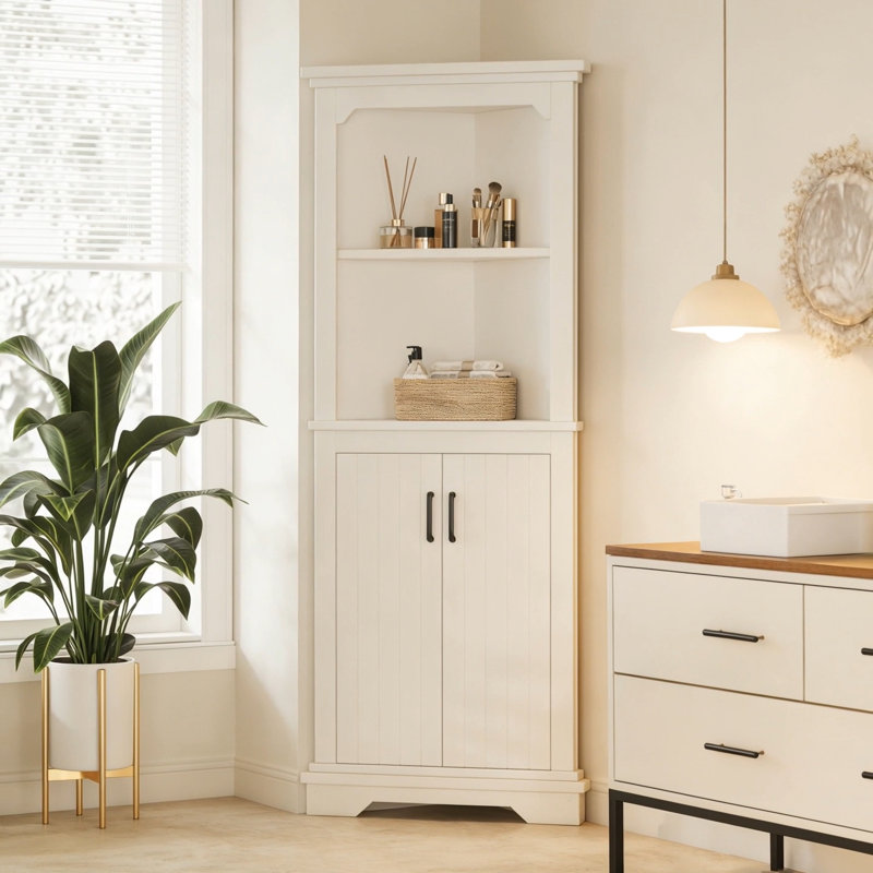 Tall Corner Cabinet With Doors For Living Room, Bathroom,Dining Room Or Kitchen,Beige