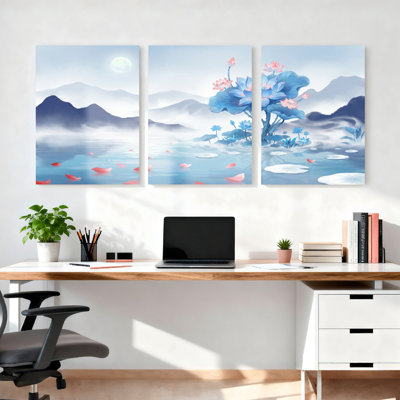 Fleur de lotus bleu et paysage de montagne tendu sur toile, ensemble de 3 reproductions de peintures à l'huile pour salon