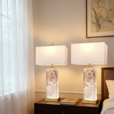 Ensemble de 2 lampes de table en albâtre avec veilleuse et ports USB, 3 lampes de chevet à DEL à intensité variable pour le bureau de la chambre à coucher, y compris les ampoules