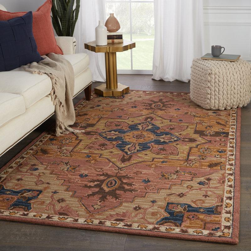 Tapis oriental bleu foncé / brun / rose en laine touffeté à la main Murphie, Rectangle 9 pi x 12 pi