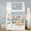 Lits doubles avec tiroirs de rangement et fenêtres, lit pour tout-petit avec structure en bois massif et tablettes. Un design ludique en blanc clair-488215983-488215977