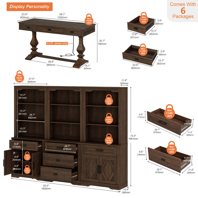 Modern Farmhouse Home Office Set: 60-Inch Vintage Desk With Power Outlets & 73" 3-Column Bookcase With Cabinet And Drawers,Dark Brown