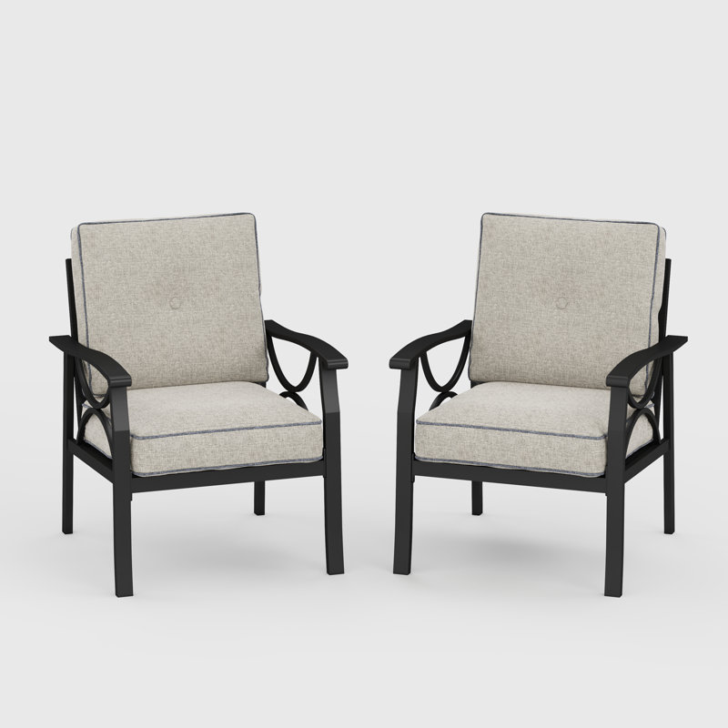2-Piece Metal Patio Chair with Cushions, Black Frame/Khaki Cushion