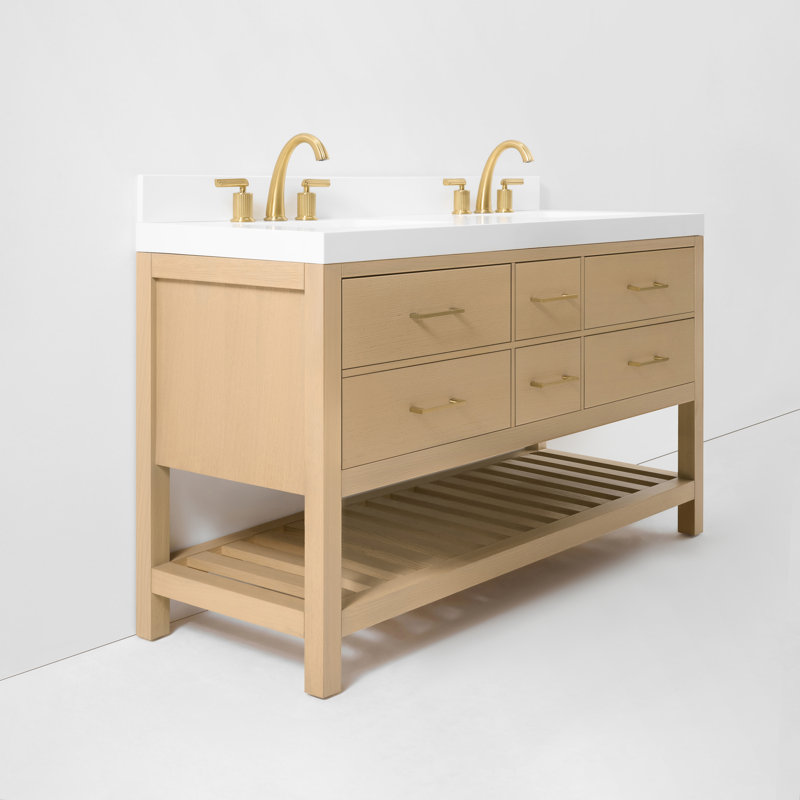 Elizabeth 60'' W Double Vanity, Oak/Rose Gold, Pure White Quartz