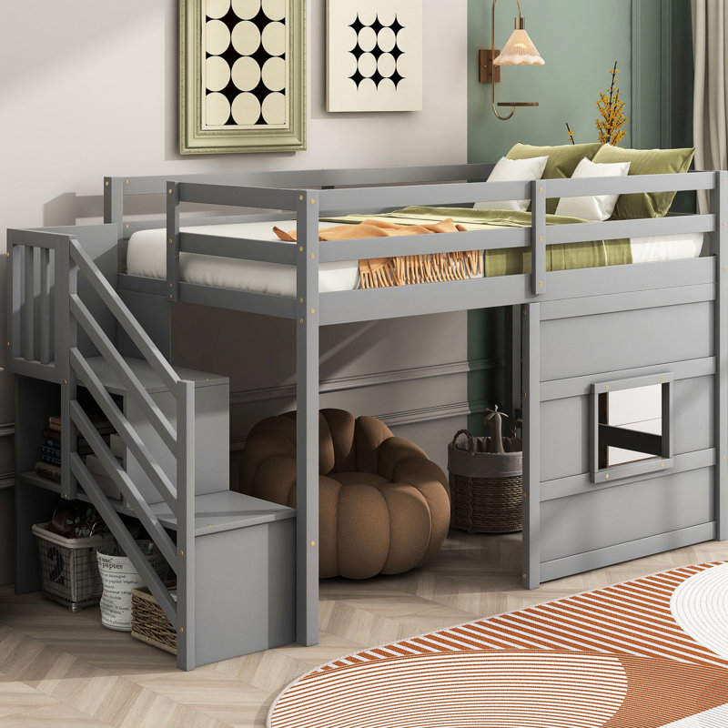 Lit mezzanine simple avec escalier de rangement et fenêtre joyeuse en bois gris pour une chambre à coucher ludique, Grey