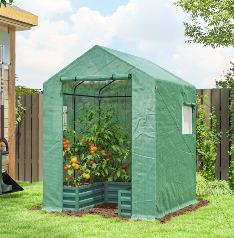 Small Greenhouse with Raised Garden Bed, Galvanised Walk-in Greenhouse with Roll Up Windows, 141 x 141 x 190 cm, Green