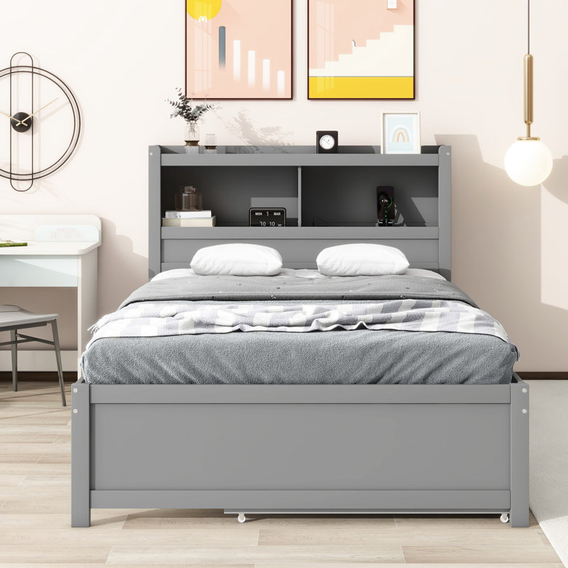 Lit plateforme gris avec lit gigogne mobile, tiroirs et rangement pour tête de lit, Gris