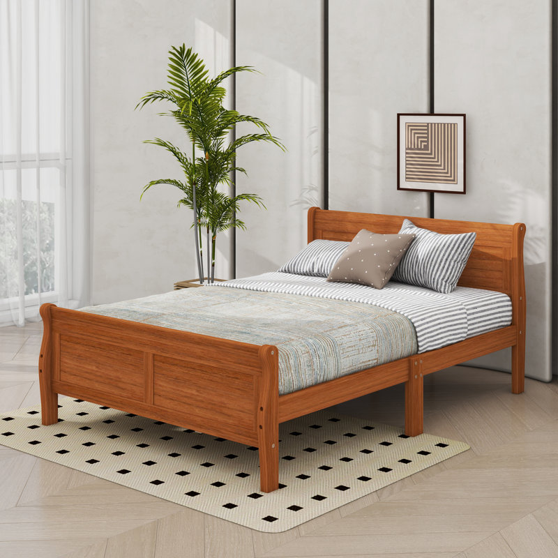 Wooden Platform Bed With A Comfortable Headboard And Sturdy Wooden Slat Support System, Full, Oak