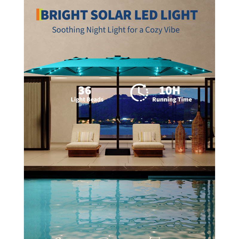 Grand parasol de patio 15 pi avec base et lumières solaires, parasol rectangulaire surdimensionné pour 8 à 10 personnes, 36 lumières DEL et base lestée pour piscine, terrasse, cour, bleu brumeux