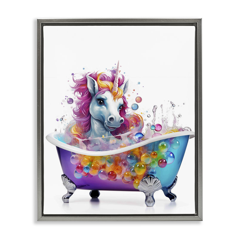 "Rainbow Bubbles", licorne grise, encadrée par Mary Cunningham, Cadre flottant gris lustré, H 21 po x l 17 po