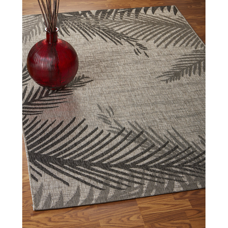 Tapis d'extérieur durable à tissage plat noir / gris Fern, Rectangle 7 pi 9 po x 9 pi 5 po