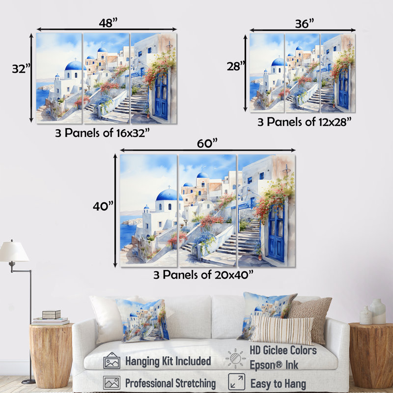 «Blue and White Santorini Village I», art mural Grèce, Toile tendue, H 40 po x l 61 po x P 1 po