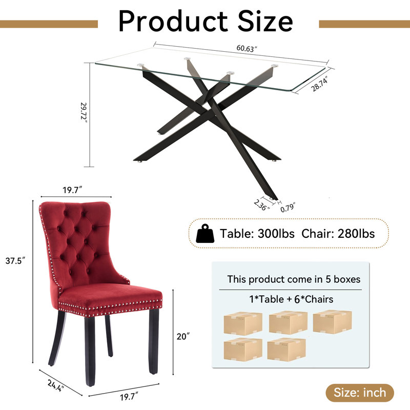 7 Piece Glass Dining Table Set for 6, Modern 60" Glass Kitchen Table with Metal Leg, Tufted Velvet Upholstered Dining Chair, Rectangle Dining Table and Chairs Set for Kitchen