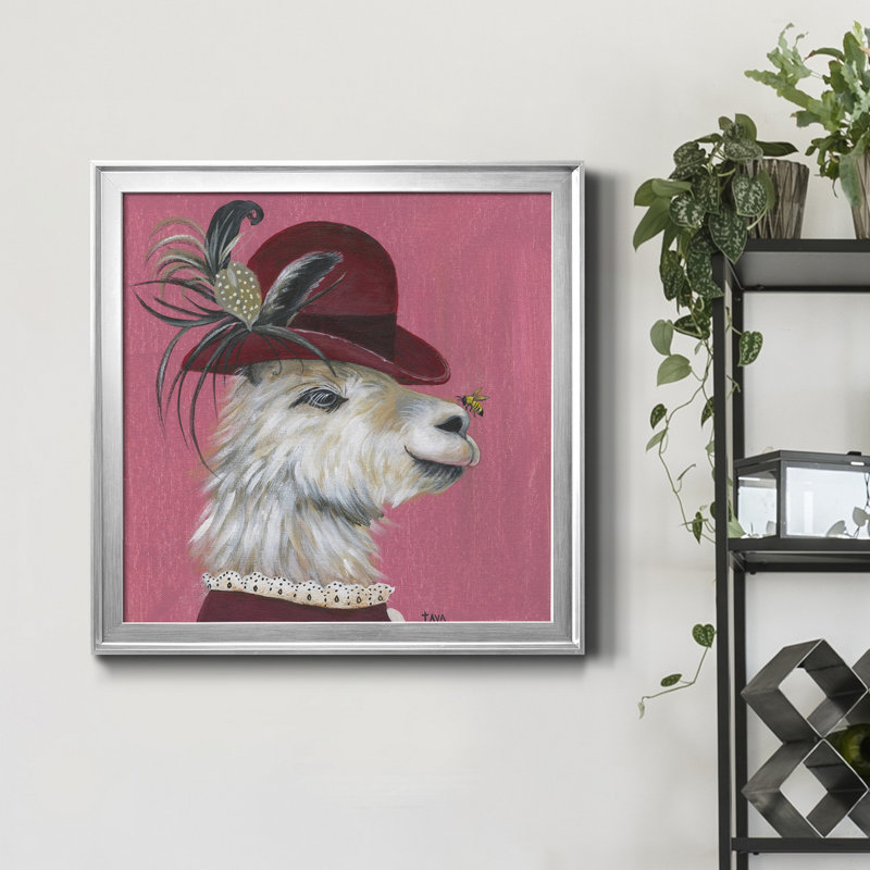 Llama and Bee - Peinture sur toile encadrée, H 30,5 po x l 30,5 po x P 1,5 po, Encadrement argenté