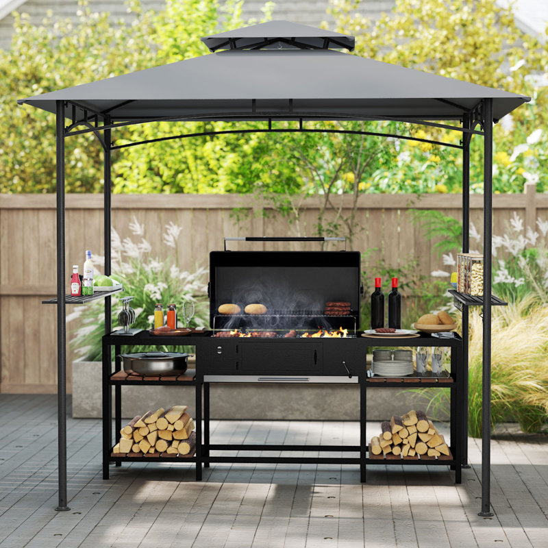 8' x 5' Grill Gazebo Outdoor Double-Tiered Grill Canopy w/ 2 Shelves & 6 Hooks