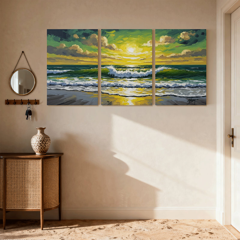 Nautique et plage, vagues océaniques, coucher de soleil, plage, ensemble de 3 reproductions d'art sur toile