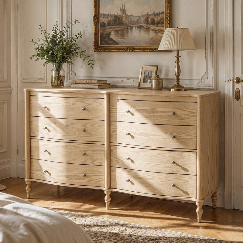 Commode Aaron Homsee Curva à 8 tiroirs, 160 cm de largeur, avec panneaux incurvés et base en bois massif