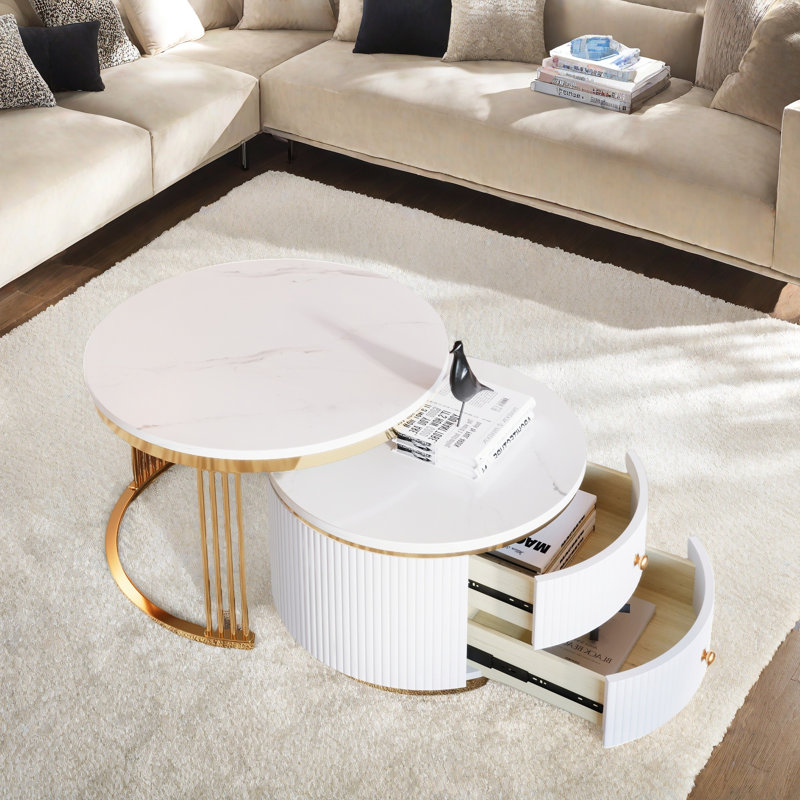 Table basse gigogne moderne 2 pièces avec 2 tiroirs et pieds dorés
