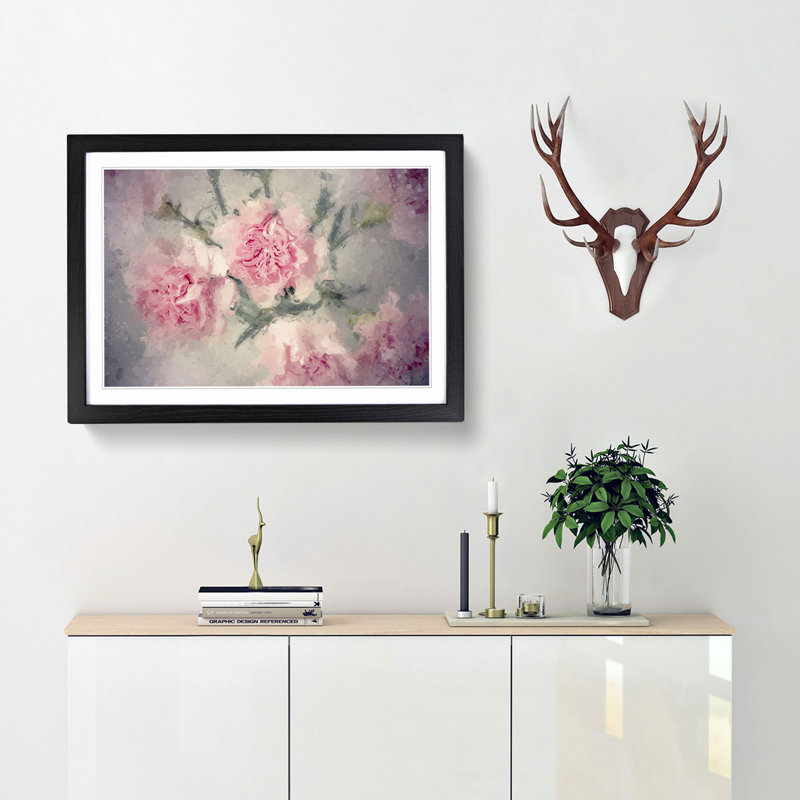 Pale Pink Carnation Flowers in Abstract - Picture Frame Painting Print, 62cm H x 87cm W x 2cm D, Black Framed