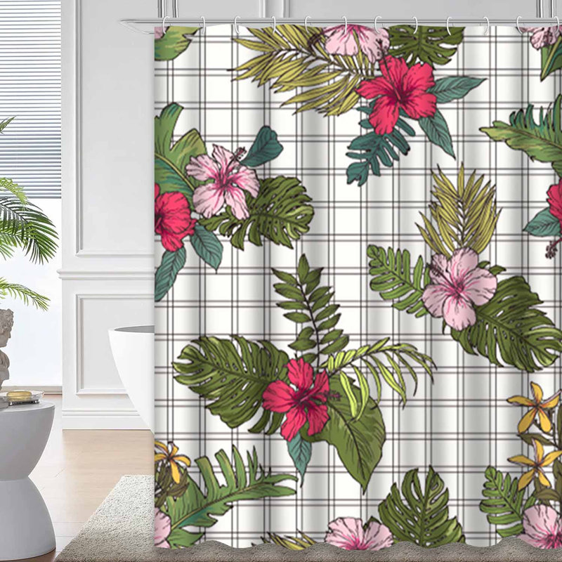 Rideau de douche imperméable à motif floral à carreaux tropicaux avec 12 crochets, L 72 po x l 78 po