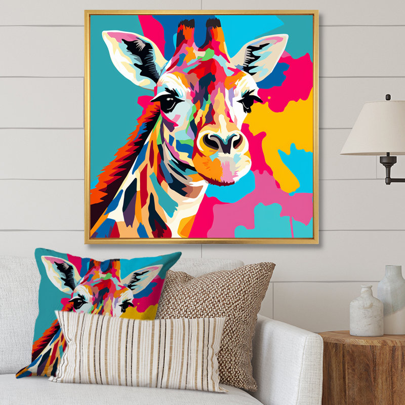 Portrait de girafe coloré Pop Art I - girafe, Cadre flottant doré, H 30 po x l 30 po