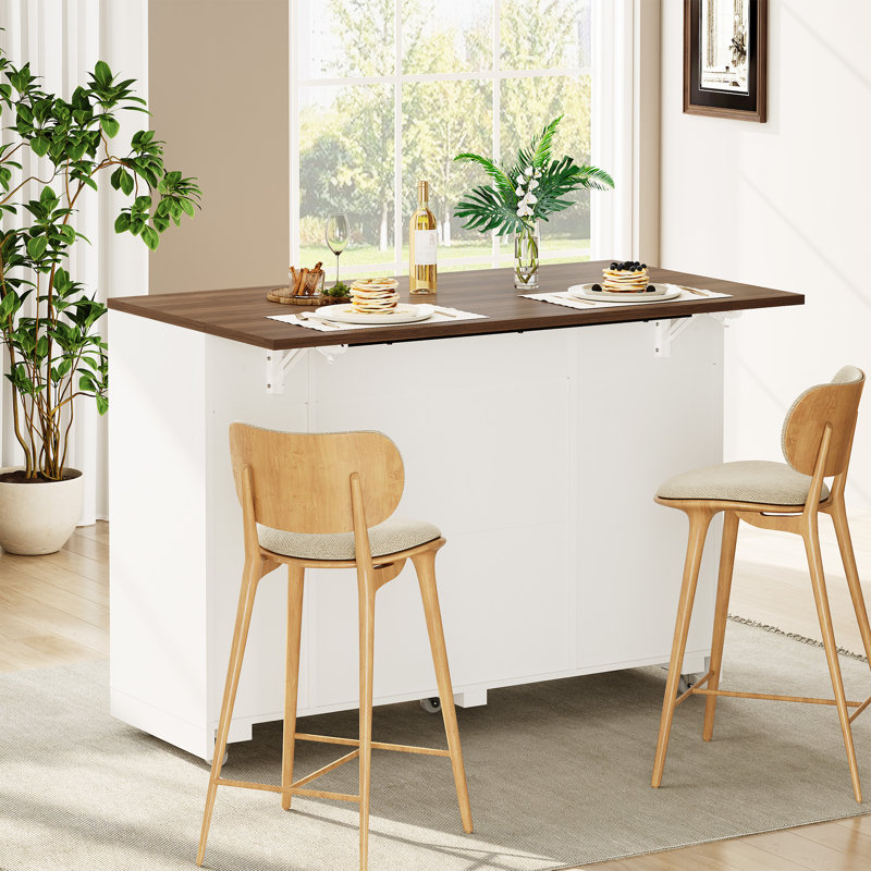 Rattan Rolling Kitchen Island Cart with Drop-Leaf Countertop, Tilt-Out Trash Can Cabinet, 2-Door Storage, Drawers, and Spice Rack
