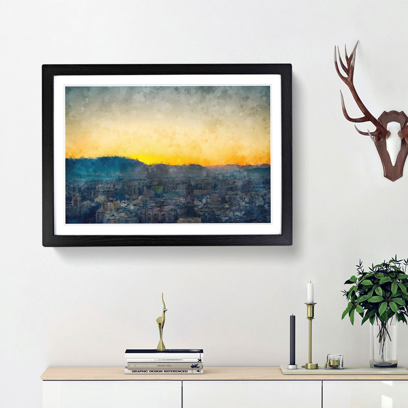 Sunset over Malaga in Spain - Picture Frame Painting Print, 62cm H x 87cm W x 2cm D, Black Framed